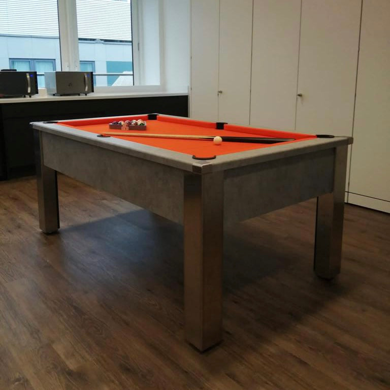 FMF Spirit Tournament Pool table with orange felt and concrete-style legs