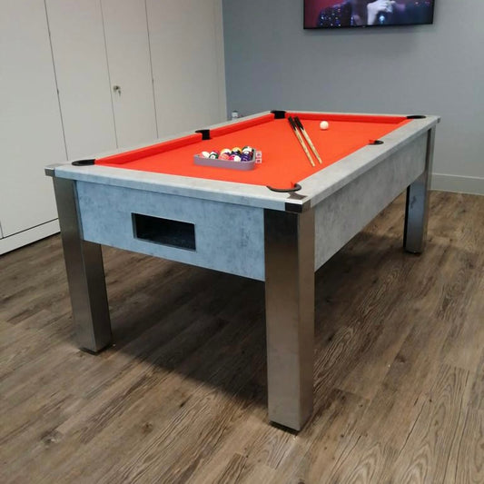 FMF Spirit Tournament Pool table with orange felt and concrete-style legs