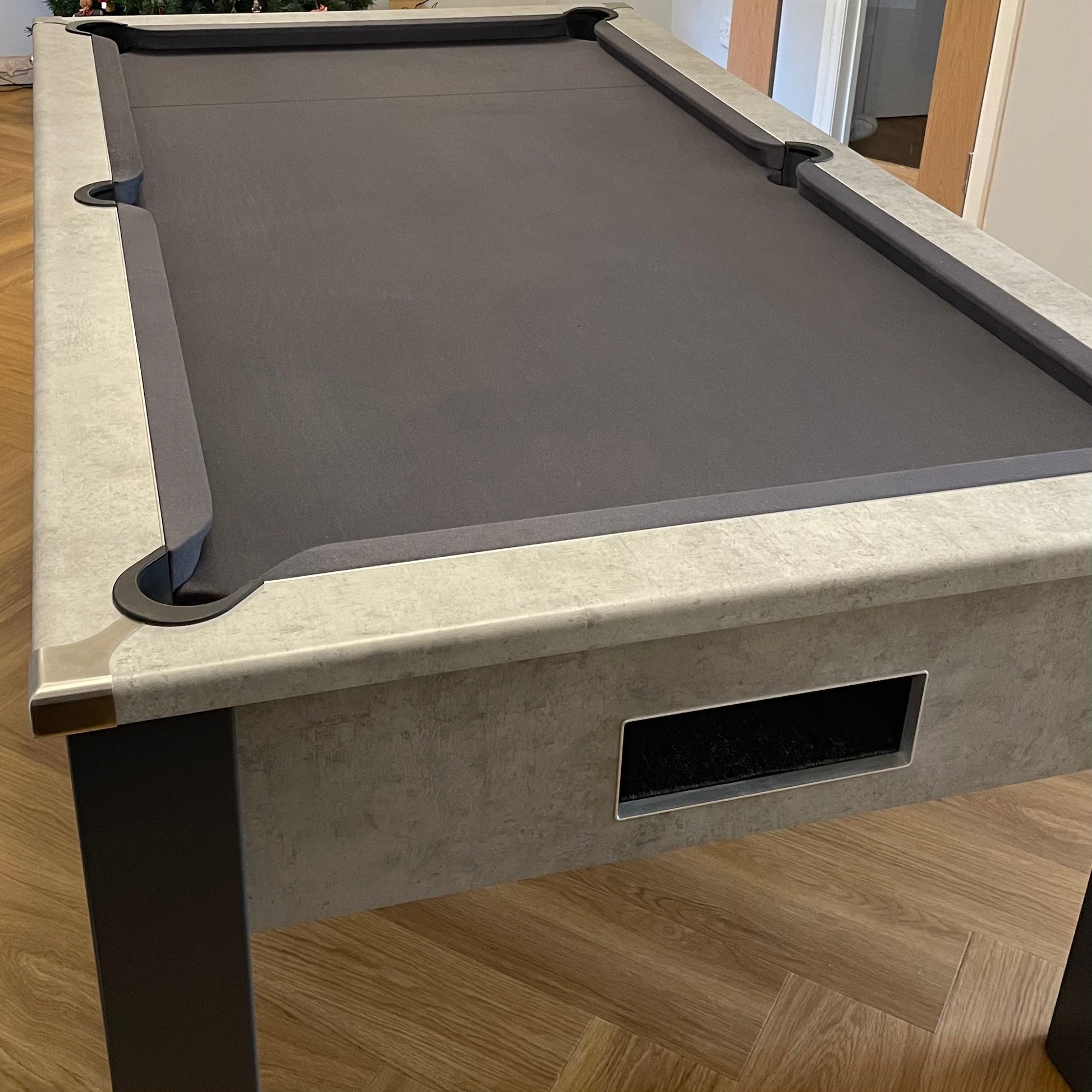 FMF Spirit Tournament Pool table with grey felt and concrete-style legs